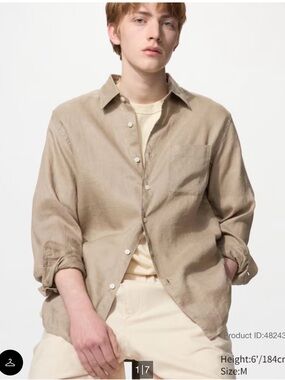 Uniqlo linen Long Sleeve Button Down Shirt Cream Size Med Comfort
